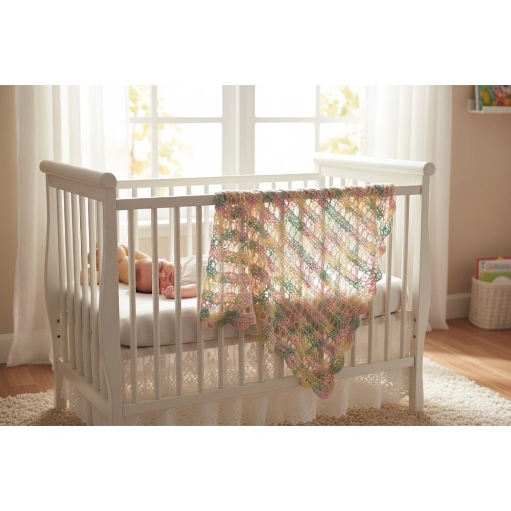 Cottagecore Hand Knitted Pastel Baby Blanket 50"x50" Poms Open Weave